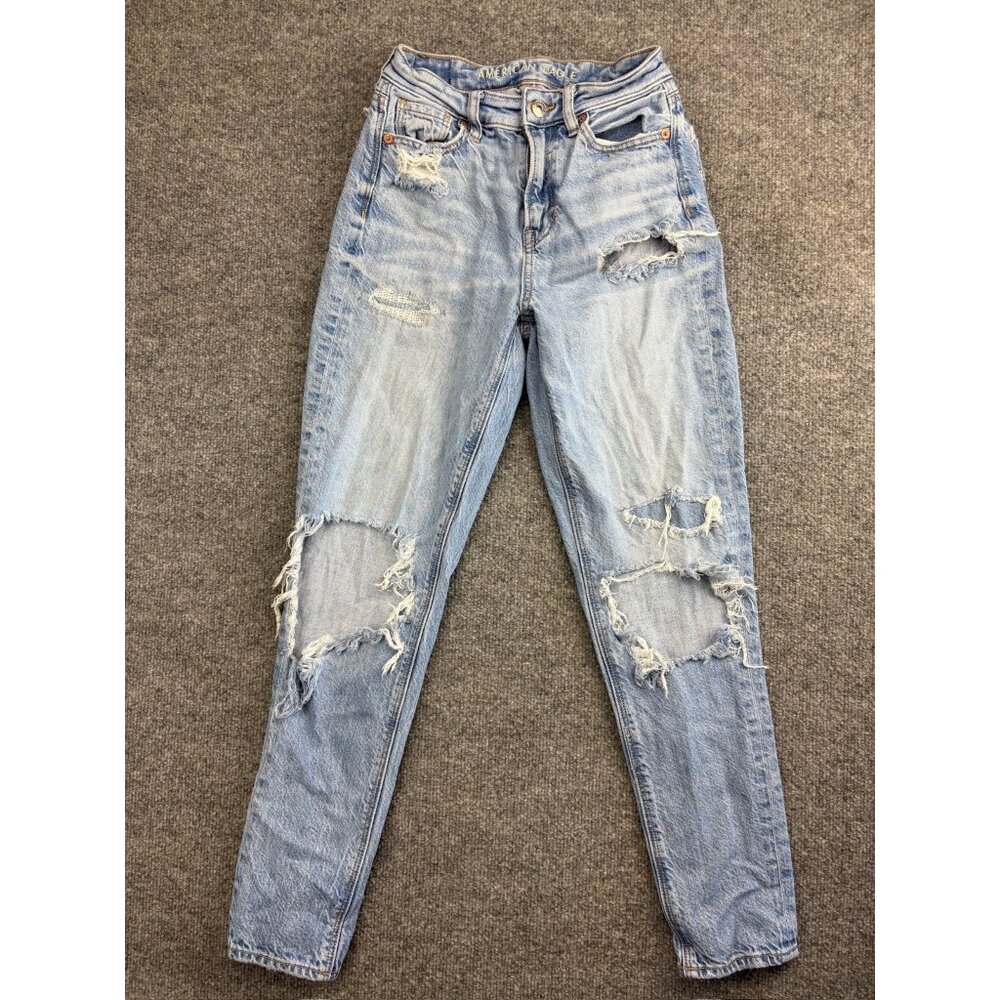 American Eagle Mom Jeans Women's 000 Blue Denim Distressed Stretch Light Wash